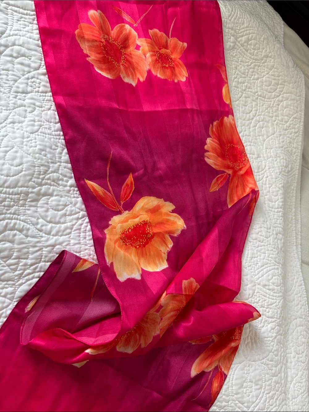 Bright Fuchsia Floral Satin Scarf - Picture 4 of 7